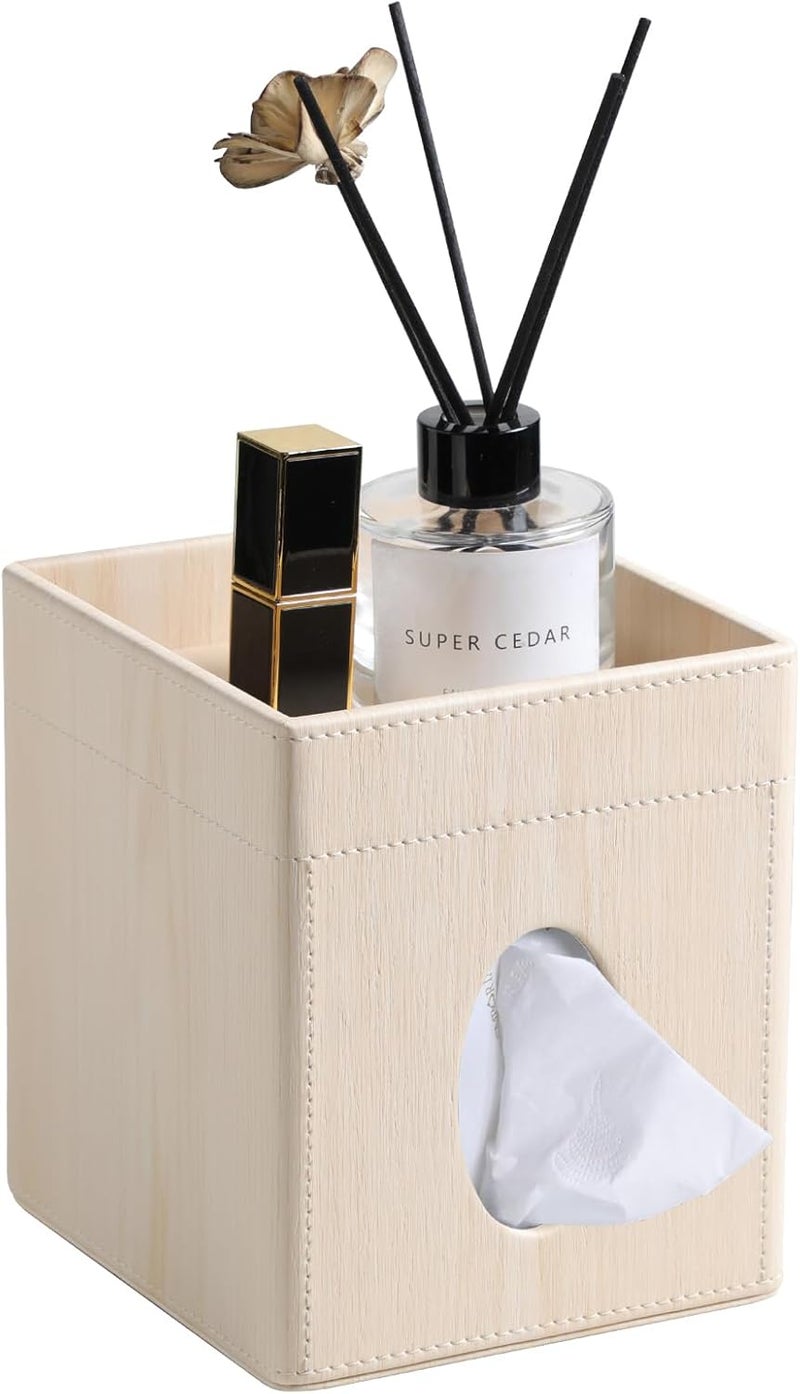 Cretkhp Tissue Box Cover, PU Leather Square Tissue Box Holder with Storage Tray for Bathroom Vanity Countertop Night Stands Bedroom Office Desk, Stylish Tissue Holder Decorative Organizer (White Oak) - Image 1
